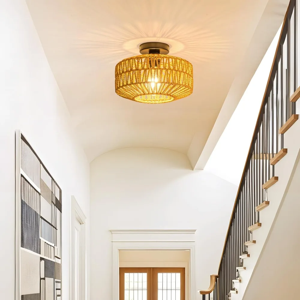 

Boho Rattan Ceiling Light Hand-Woven Rattan Flush Mount Fixture Fixture for Farmhouse Hallway Bedroom Living Room