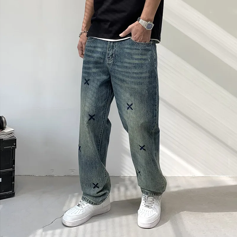 

Loose Straight Leg Jeans Men Women Cross Brand American Vibe Faion High Waist Wide Leg Long Trousers Casual Denim Pants