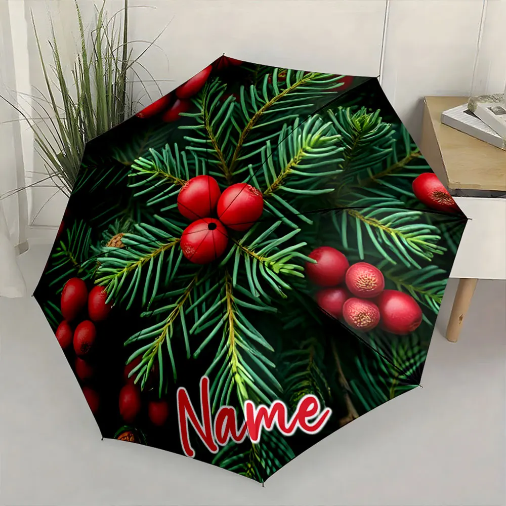 Custom Name Festive umbrella with pine leaves and red berries Print 8 Iron Ribs Folding Umbrella, Auto-Open Fashion Sunshade