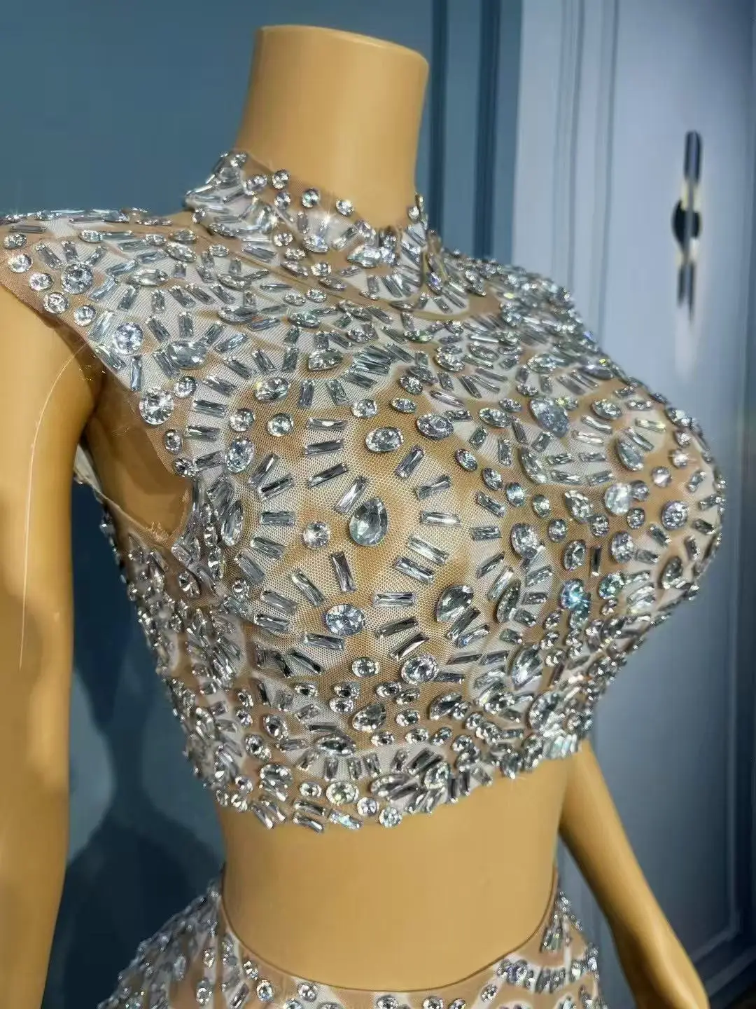 Women Hollow waist Split Set Sparkly Rhinestones Sexy Nude Mesh Outfit Birthday Wedding Celebrate Party Show Costume Stage Wear