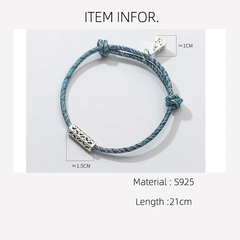 16-21cm Lucky 925 Silver Rope Bracelets Women Silver Retro Blue Wax Thread Line String Bracelets For Women Girl