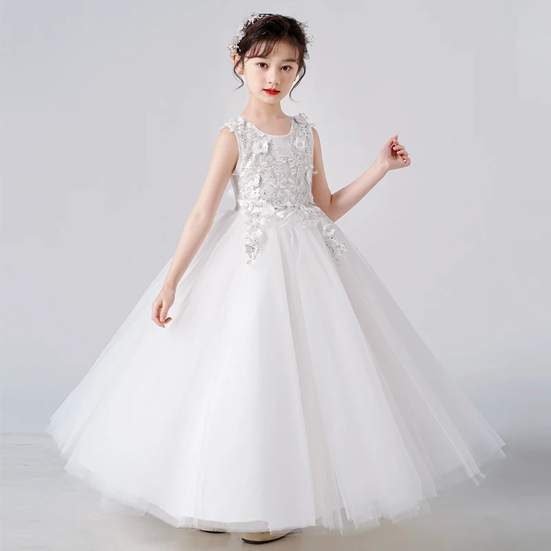 Child Girl Dress Flower Mesh Sleeveless Costume Princess Dress Sweet Tutu Skirt Summer White Green One Piece