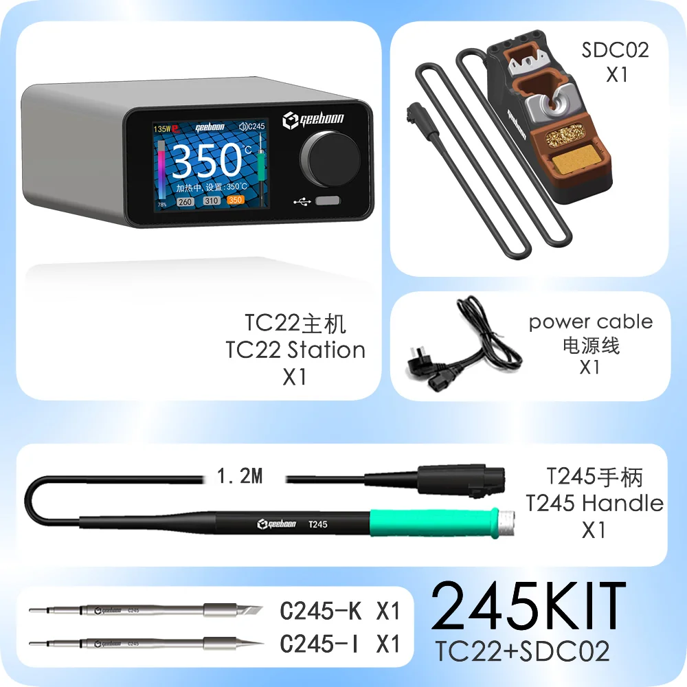 GEEBOON TC22 Soldering Station 220W Digital IPS Display Sleep Mode ESD Safe for C245 C210 C115 T12 Tips