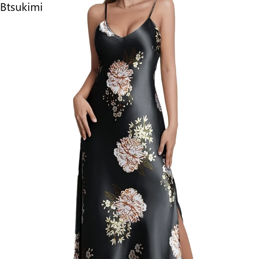 2025 신상 여성 여름 우아하고 섹시한 V넥 플로럴 프린트 실키하고 편안한 부드러운 슬립 나이트가운 슬립 드레스 라운지웨어 잠옷