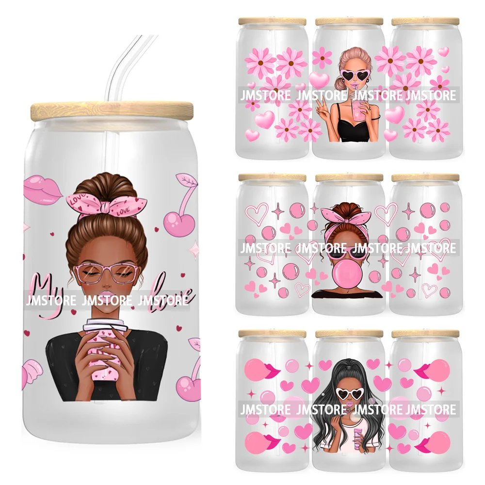 

Woman With Bubble Gum Pink UV DTF Sticker For 16OZ Libbey Glass Cup Can Wrap Transfer Stickers Custom Labels DIY Logo Messy Bun