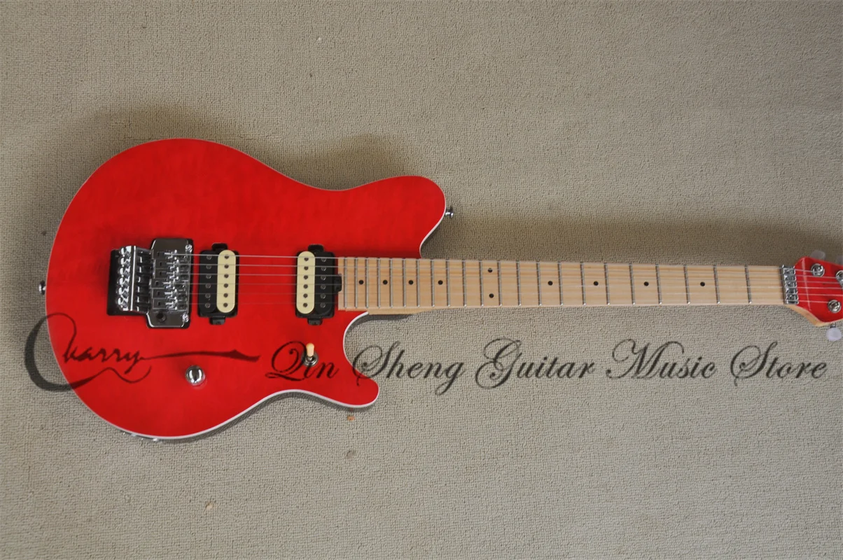 Orange Red Electric Guitar Basswood Body Squilted Maple Top Tremolo Bridge Maple Neck HH Pickups