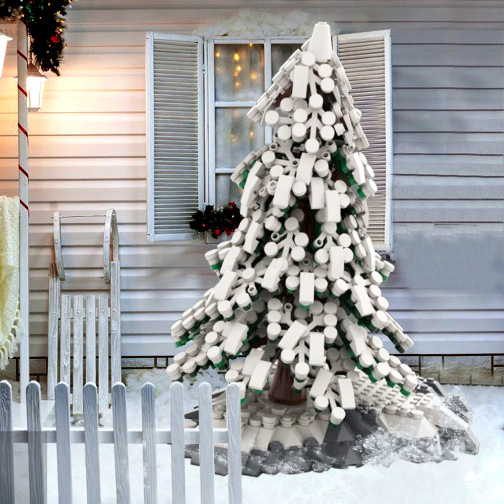 MOC Winter Fir Pine Tree WITH Base Building Blocks White Snow Plant DIY Bricks Model Adult Toys Decor City Street Forest Garden