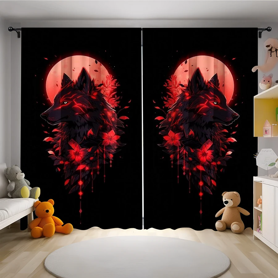 2PCS Digital Print Curtain, Red Moon Wolf Head Flowers Feather, Gothic Wildlife for Living Room Bedroom Kitchen Window