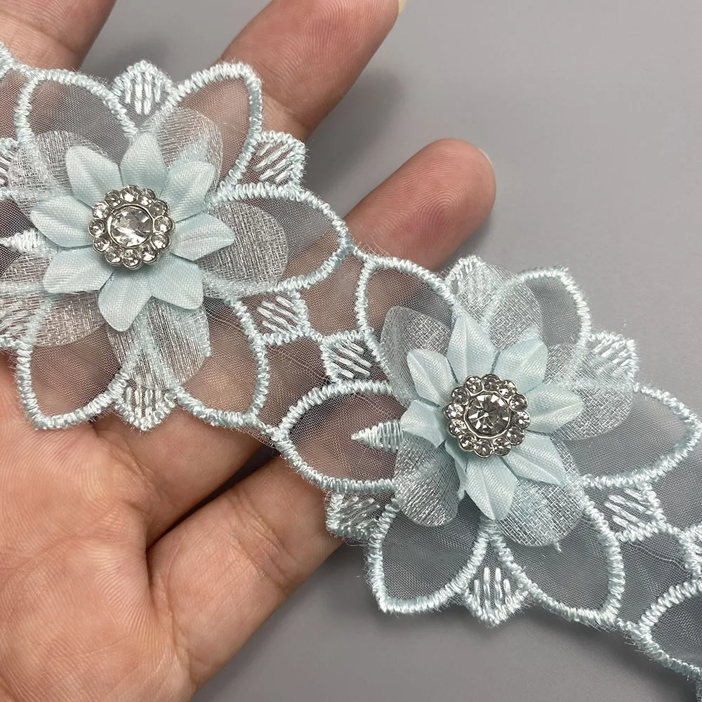 

10Pcs Sky Blue Flower Lace Trim Embroidered Lace Fabric Diamond Sewing Supplies Crafts For Costume Hat Wedding Dress Decoration