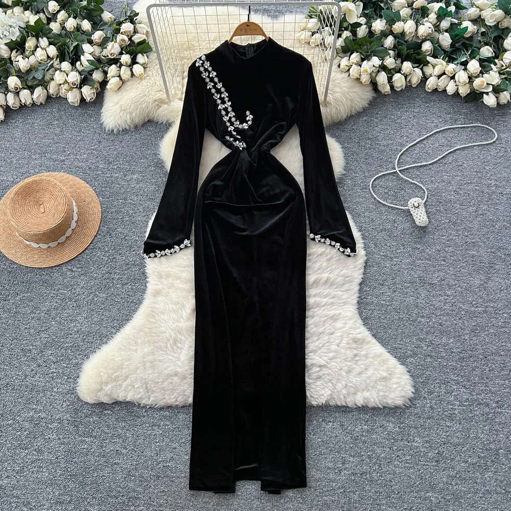 فستان أنيق أنيق بأكمام طويلة من القطيفة فساتين حفلات الموضة الكورية ملابس نسائية