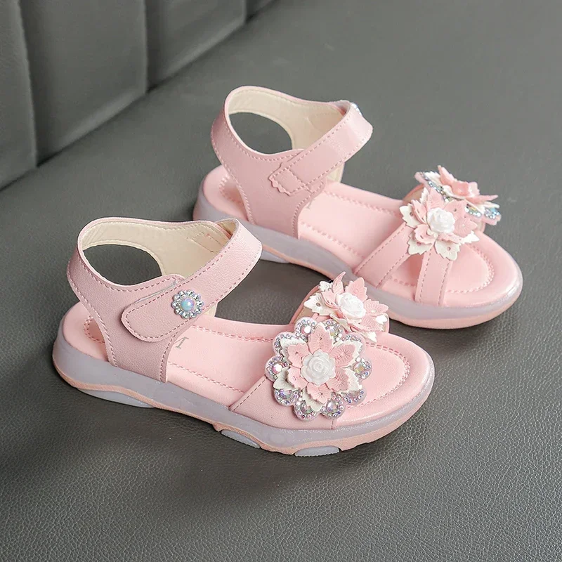 Summer New Casual Girl Open-toe Rhinestone Sandals Street School Student Pink Kids Children\'s Soft-soled Size 21-30