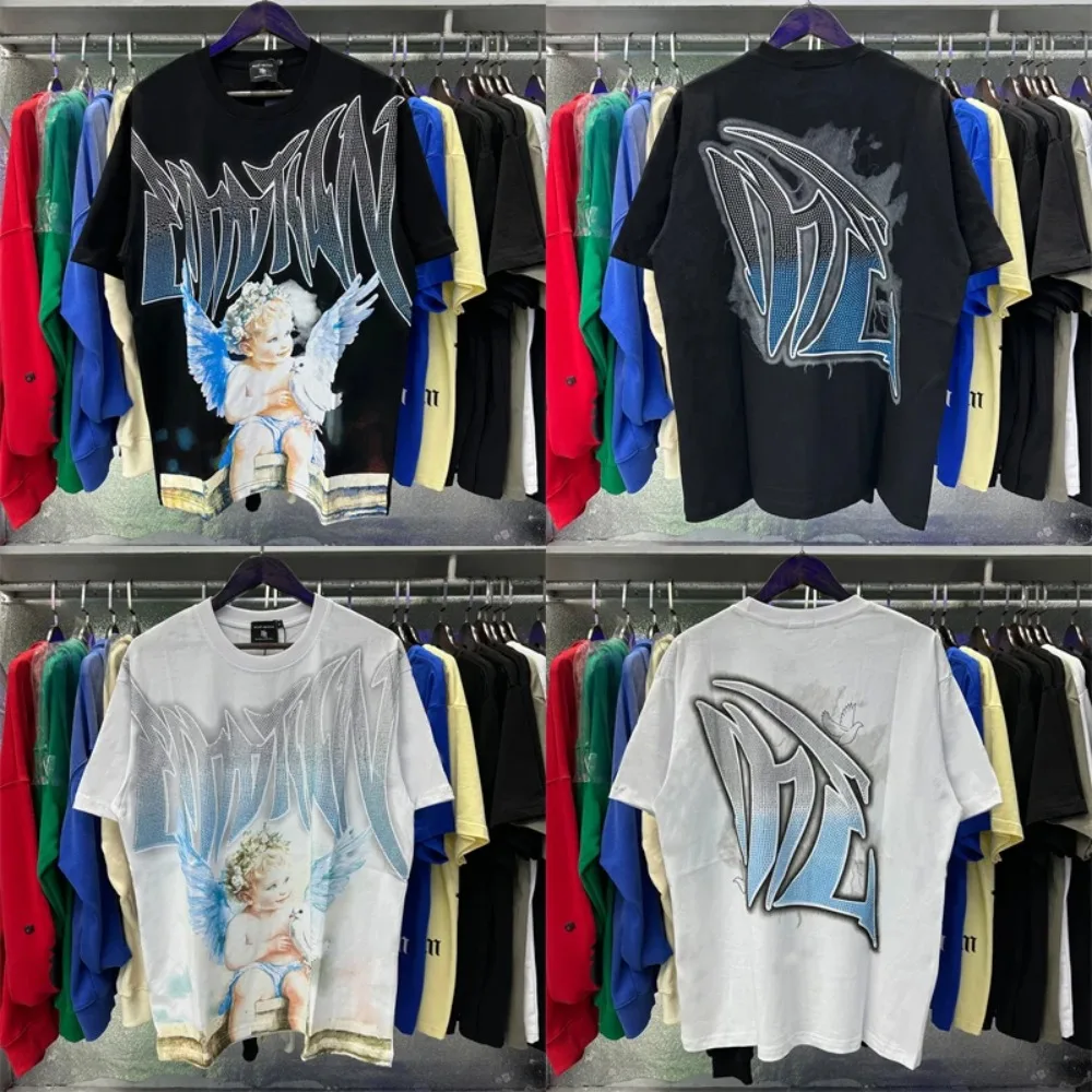 

2025 Cute Angel Prints MIXED EMOTION T Shirts Men Couple style Daily Casual Fashion Cotton casual Loose Oversized Short Sleeve