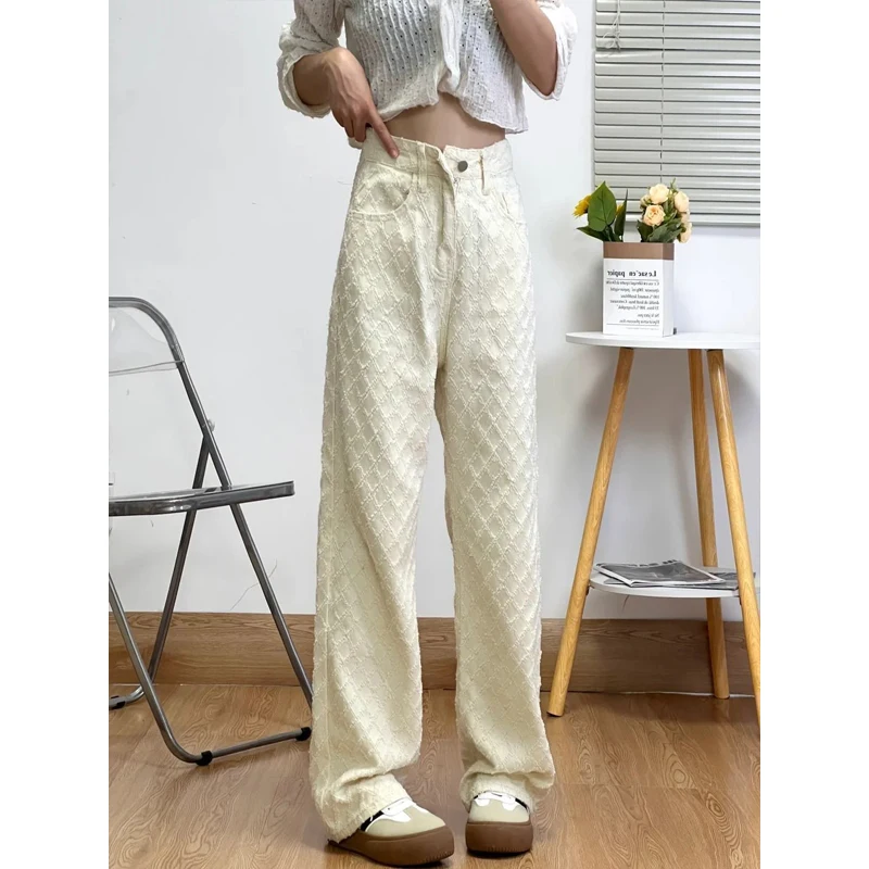 

Джинсы женские прямые с высокой талией, в клетку, белые, облегающие, широкие штанины, весенний новый дизайн, повседневные, однотонные