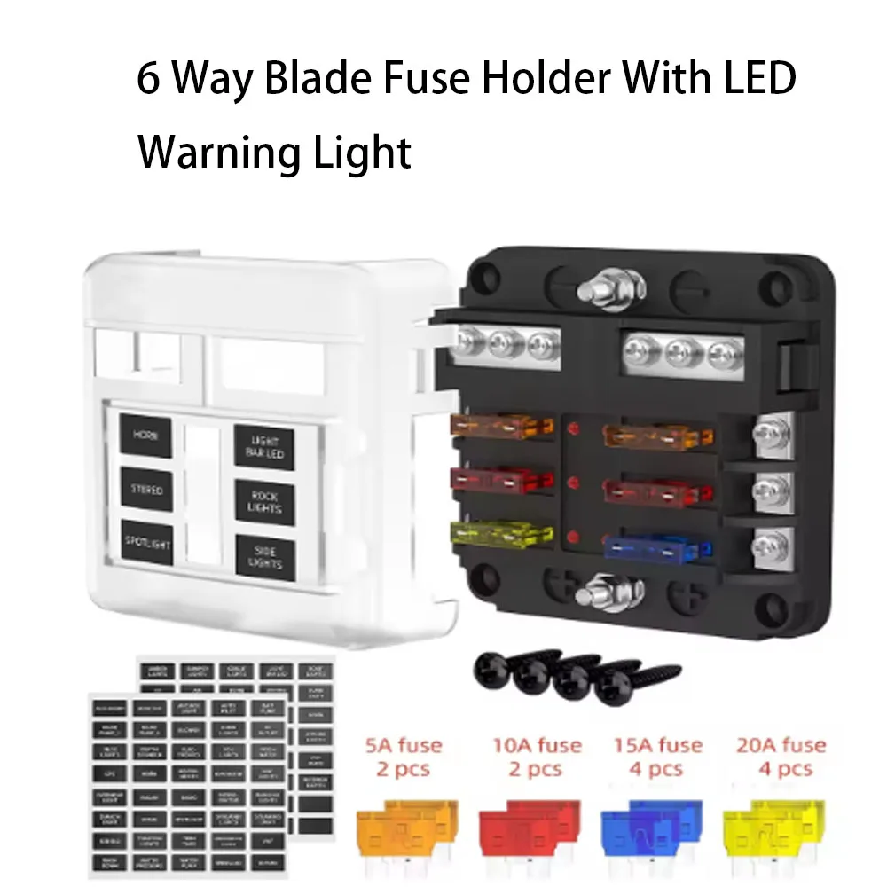 6 Way Blade Fuse Holder With LED Warning Light 12V 100A Automotive Motorcycle Marine Power Distribution Panel 30A Rated