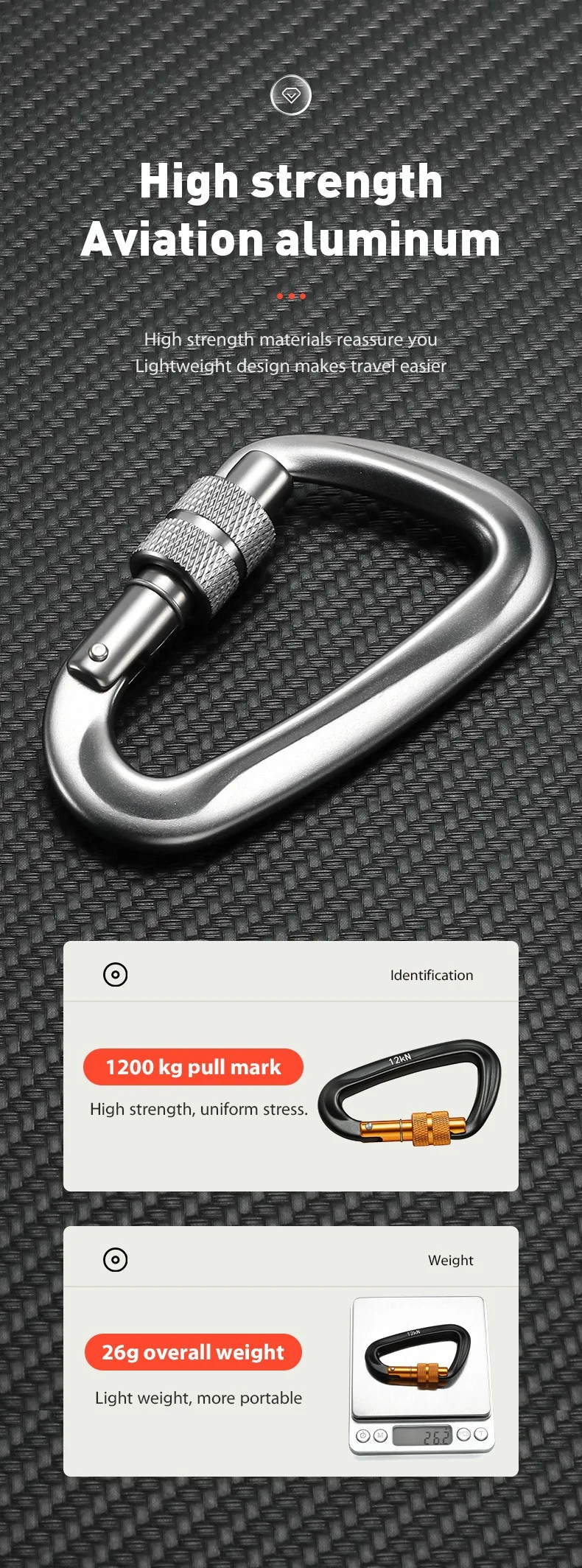 D-Form 12KN Professioneller Karabiner Hochwertiger Aluminium-Kletterhaken Sicherheits-Vorhängeschloss Outdoor-Zubehör – Detail 3