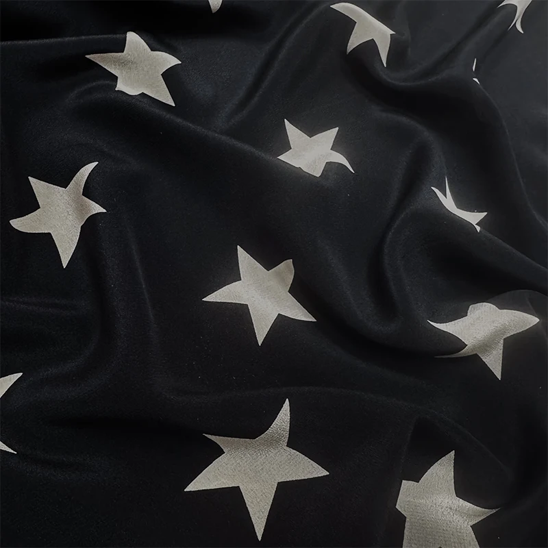 

1 meter 100% Mulberry Silk 16 momme Crepe Silk Fabric Black Star Printed 140cm 55" wide by the yard JX223