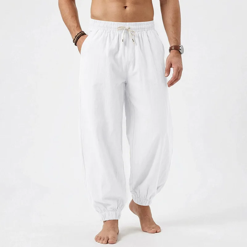 Europäische und amerikanische Freizeithose für Herren: Sommerliche Strand-Leinenhose in Übergröße mit Bündchen am Knöchel – Detail 4