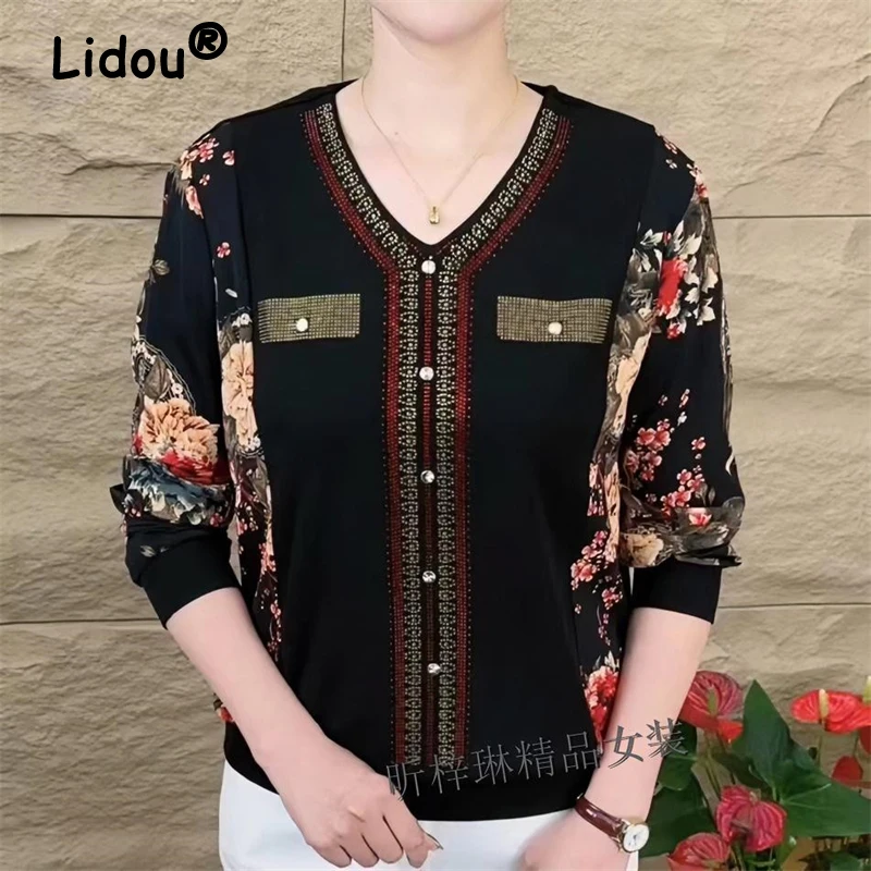 

Women's Clothing Vintage Floral Print Patchwork Rhinestone Elegant T-shirts Autumn Female Fashion V Neck Long Sleeve Loose Tops