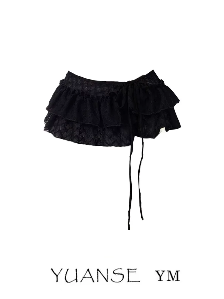 2025 New Heavy Embellished Short Apron Curtain Women's Decorative Skirt Korean Style Belted Lace Wood Grain  Design