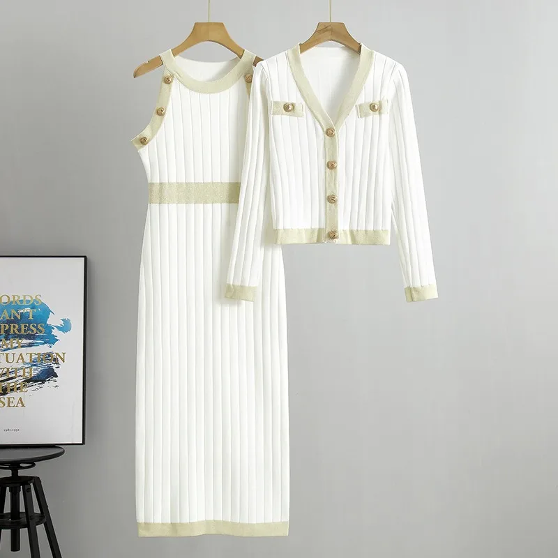 2024 Elegant Womens Sets Korean Fashion Knitted Cardigan Sleeveless Dress Two-piece Set New V-neck Casual Dress Sets