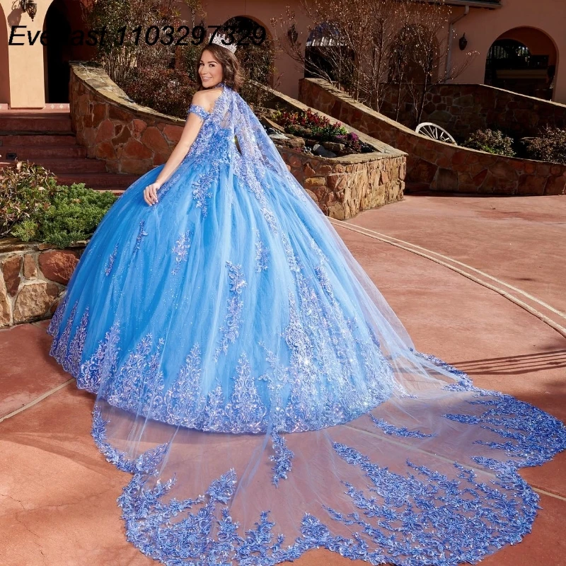 

EVLAST Customized Blue Quinceanera Dress Ball Gown 3D Floral Lace Applique Beading With Cape Sweet 16 Vestidos De 15 Anos TQD763