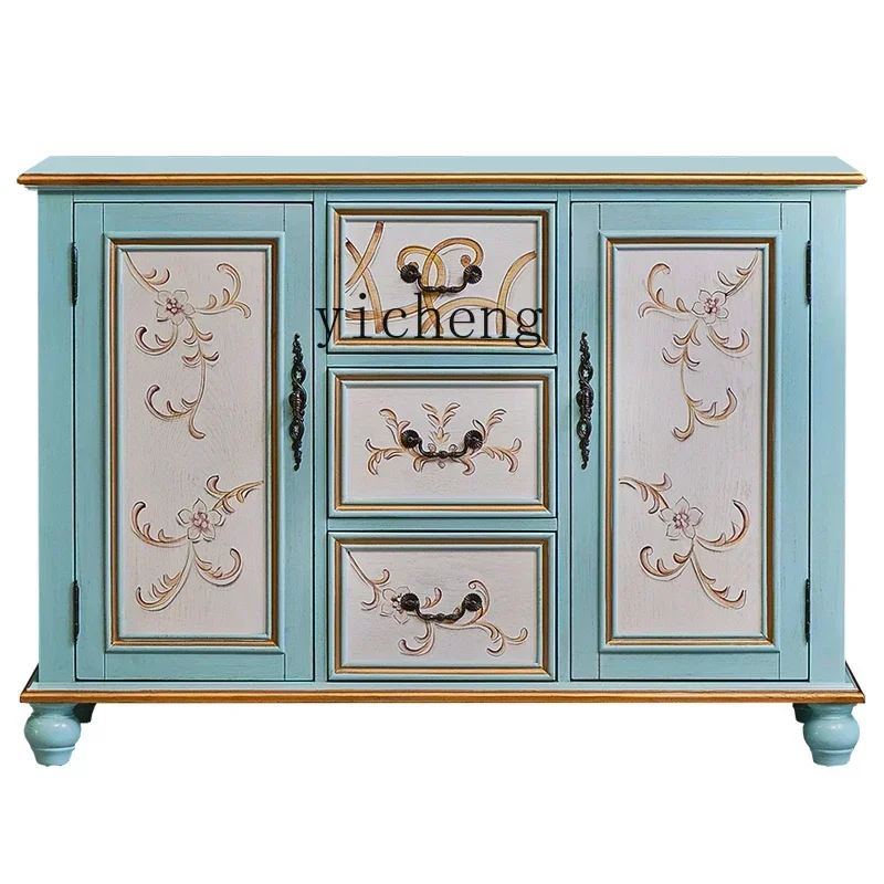 i10.9- Entrance Cabinet Solid Wood Retro Painted Partition Cabinet European Living Room Aisle Wall Entry Cabinet