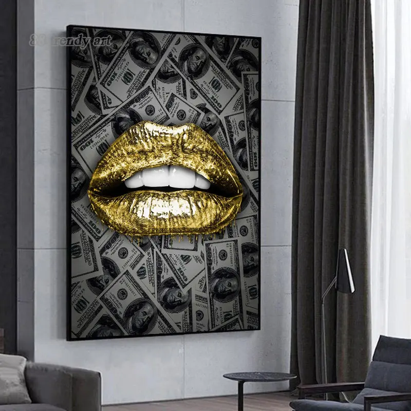 Luxury Home Wall Decoration Painting Gold Lips Mouth Canvas Posters and Prints Wall Art Pictures for Modern Living Room Decor