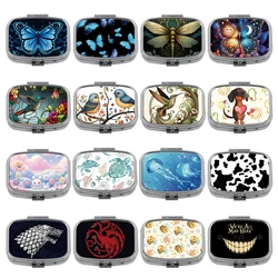 Animals Pattern 2 Compartments Metal Medicine Box Portable Travel Decorated Sealed Small Pill Organizer Container Storage