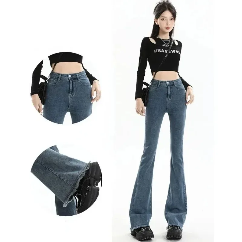 Women Flare Stretch Moustache Jeans Fashion Skinny Bell Bottom High Waist Gray Denim Pants Lady Classic Y2K Punk Long Trousers