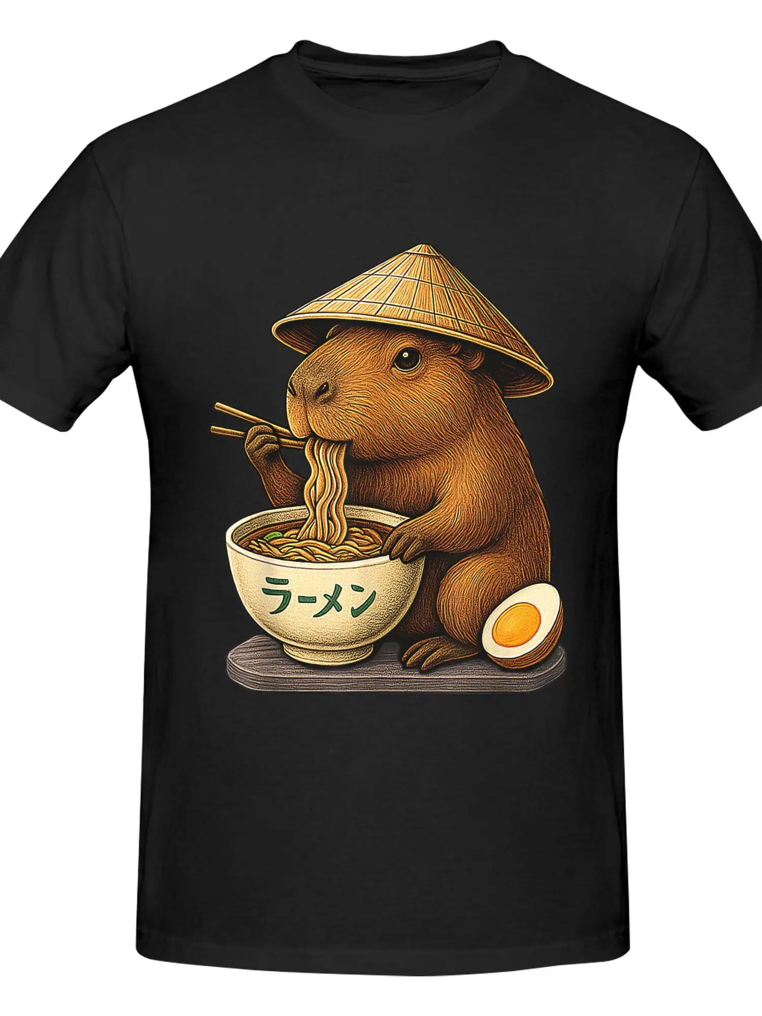 

Футболка с рисунком «Капибара ест рамен», забавная хлопковая повседневная рубашка с круглым вырезом для любителей японской еды для мужчин