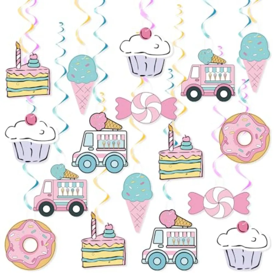 Sweet Comic Ice Cream Donut Hanging Swirl Party Decor Pastel Cartoon 2D Comic Donut Candy Party Ceiling Streamers for Girl Ice