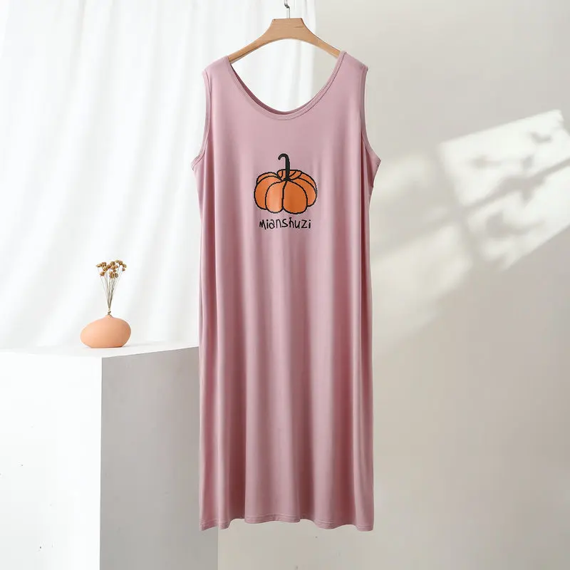 Soft Modal Night Clothes Nightie Loose Summer New Sleeveless Pajamas Dress Women's Print Nightgown One Piece Ladies Home Wear 6