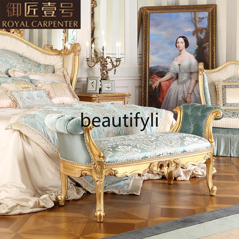 

European bedroom furniture, solid wood carving flower fabric pull button sofa stool, bedside stool