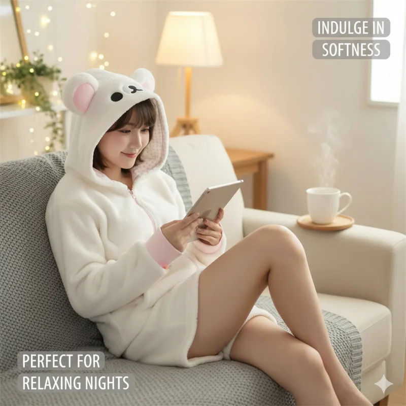 Rilakkuma Y2K Hoodie Pyjama Set Niedliche Japan Bär Nachtwäsche Mädchen Fleece Gefüttert Mit Kapuze Homewear Anzug Herbst Winter Loungewear Neu