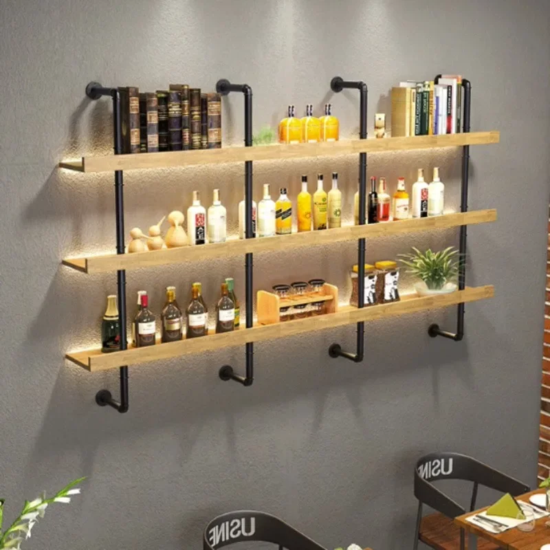 

Wooden Wine Rack Industrial Wall Wrought Iron Bar Wine Display Cabinet Living Room Hotel Mini Bar Showcases Furniture with Light