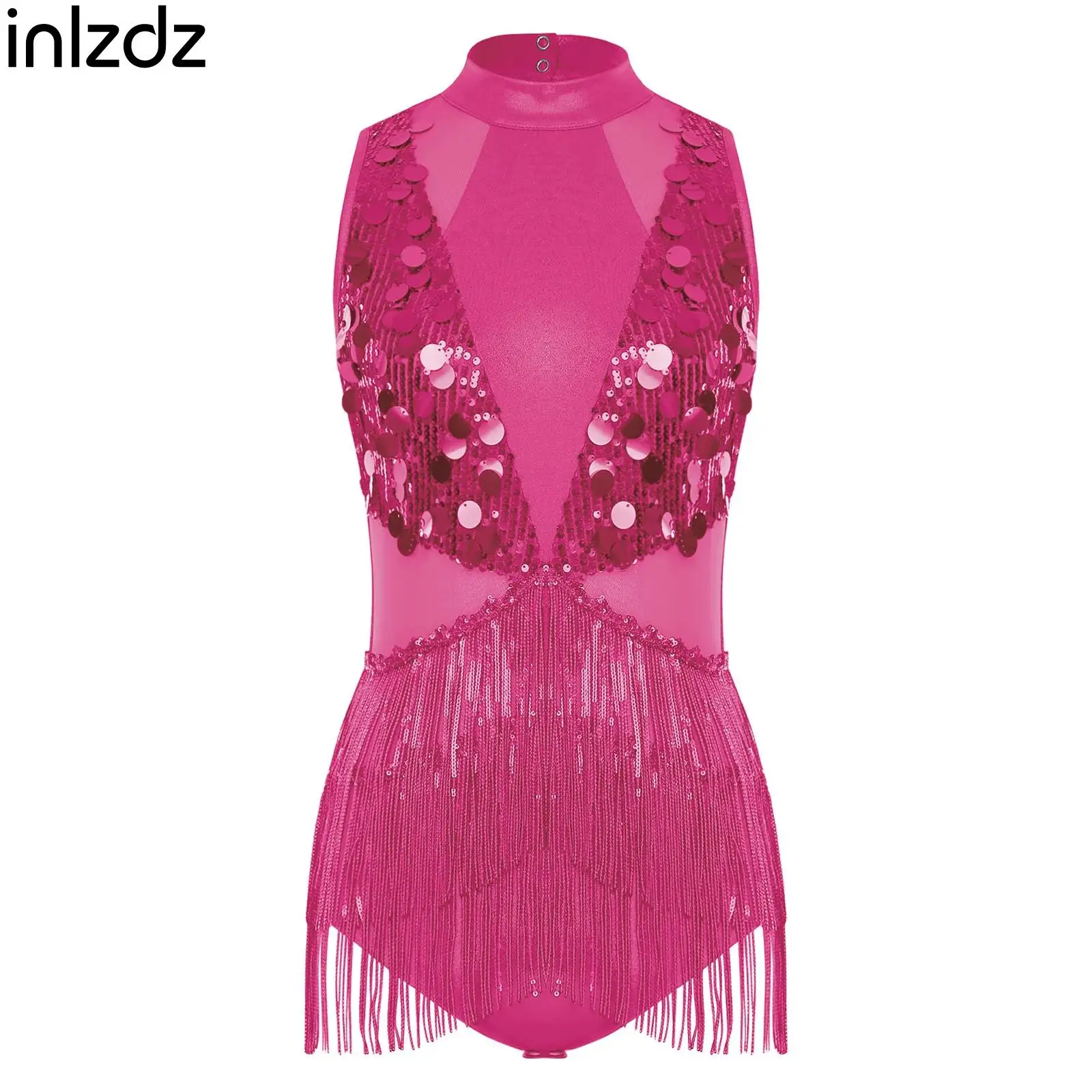 

Women Sequin Tassel Latin Jazz Dance Leotard Sleeveless Back Cutout Bodysuit for Cha-cha Samba Tango Figure Skating Performance