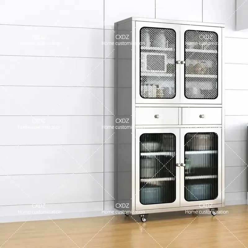304 Stainless Steel Kitchen Cabinet with Mesh Door and Drawers Multi Layer Storage Sideboard for Dining Room Household