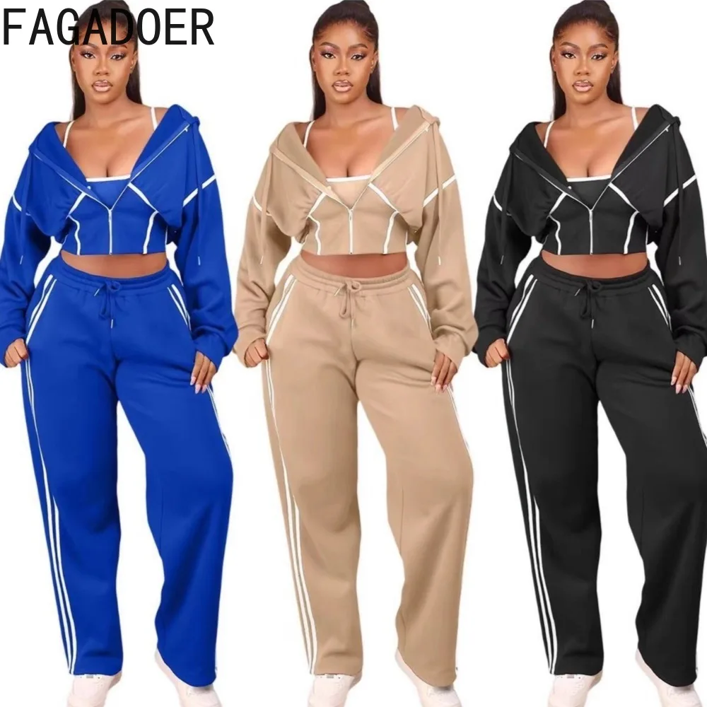 

FAGADOER Fashion Sports Two Piece Outfits Woman Stripe Patchwork Long Sleeves Crop Top and Pants Matching Female Streetwear New