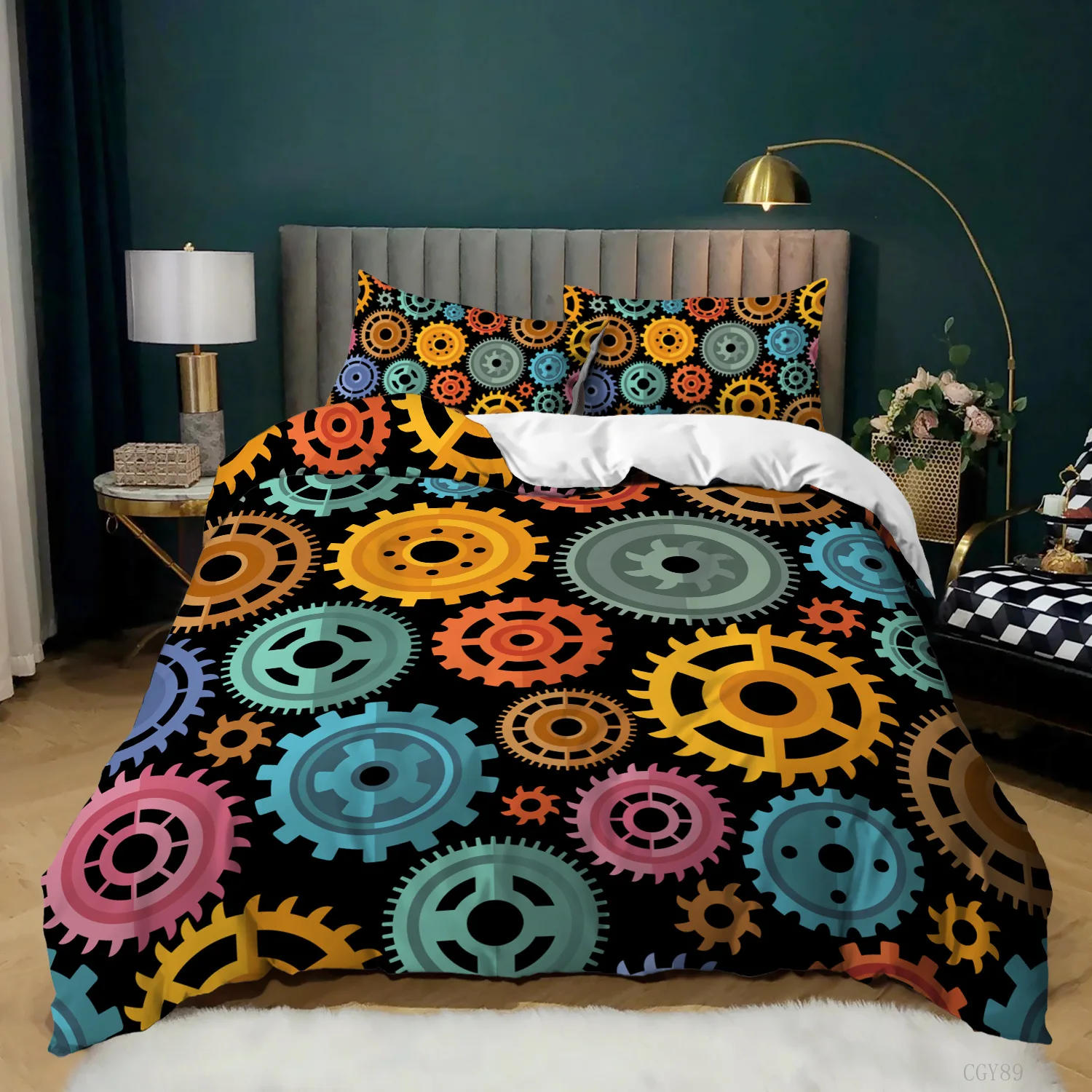 

Gear Duvet Cover Set Colorful Gear Mechanical Device Bedding Set For Kids Boys Men Queen King Size Chic Microfiber Quilt Cover