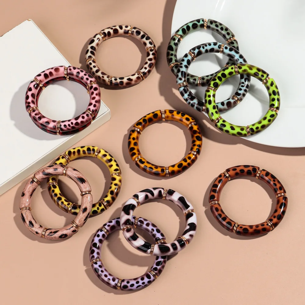 Vintage Acryl Leopard Elastische Gebogene Rohr Perlen Armbänder Neue Stretch Dicken Armreif frauen Mode Schmuck Geschenke – Detail 7