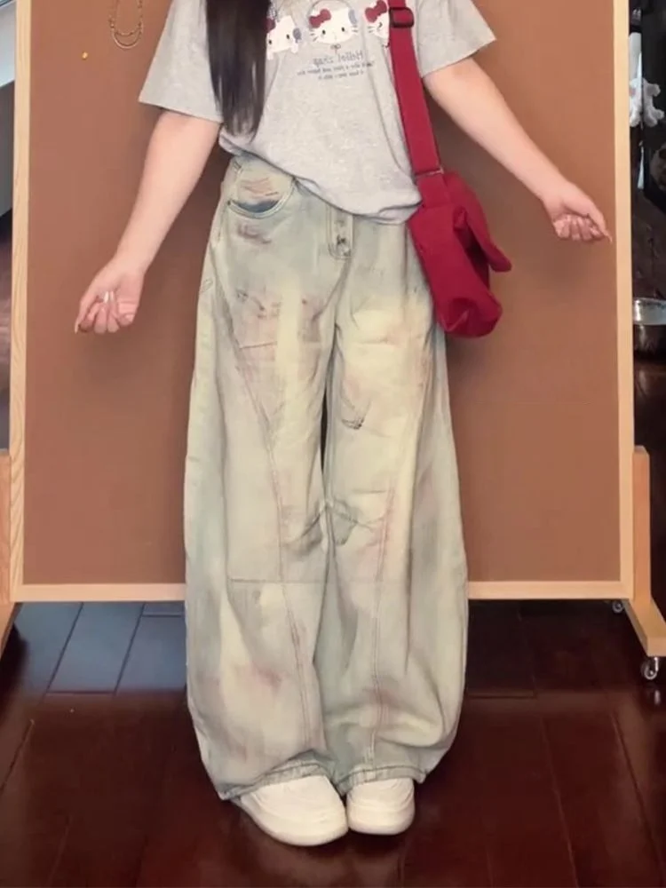 

Женские джинсы с высокой талией, оверсайз, в американском стиле, с эффектом тай-дай, рваные, свободного прямого кроя, широкие штанины, для осени