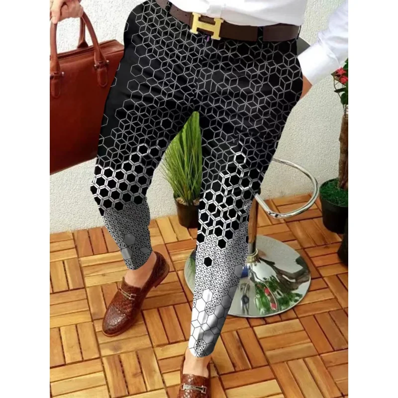 Men\'s Pencil Pants Casual Contrast Color Pattern Mid-Waist Casual Trousers Business Slim Skinny Stretch Jogging Formal Trouser