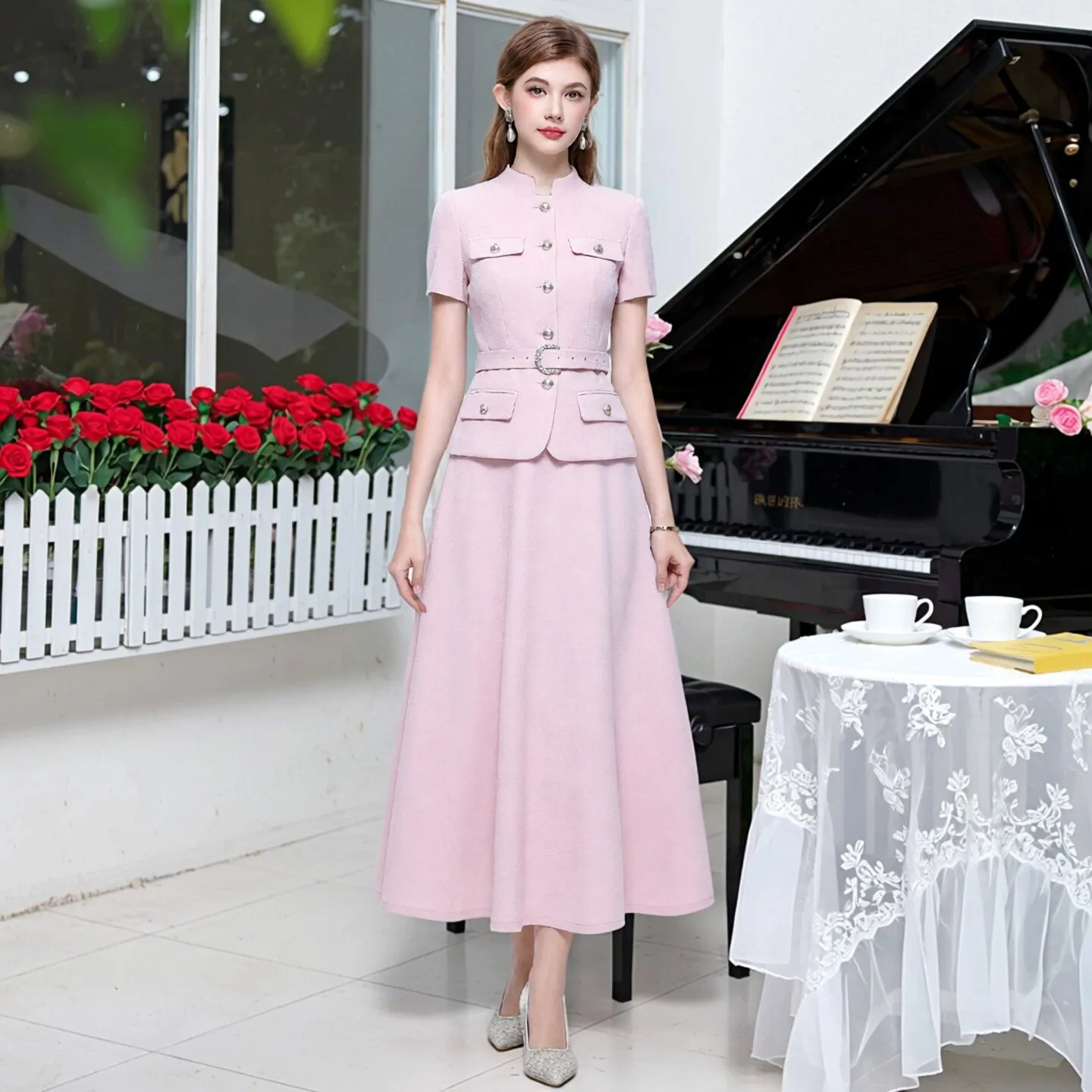 Elegant Commuter Style Short Sleeve Single Button A-Line Skirt Suit Pink Set for Women Stand Collar Large Size Word Skirt