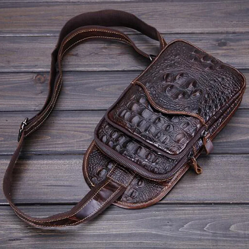 Men Cross body Shoulder Chest Bag Sling Backpack Genuine Leather Crocodile Style Cowhide Travel Retro Male Messenger Bag