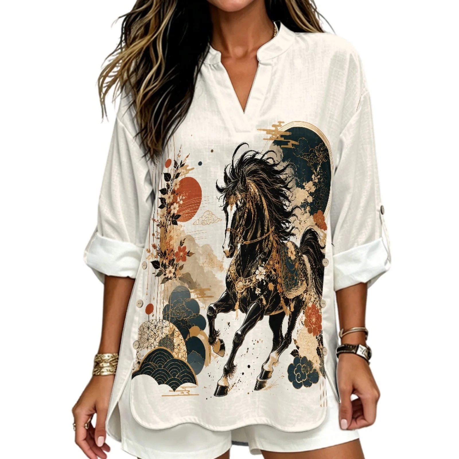 PENSTROLL Black Horse Print Soft Tunic Top for Beach Linen-Like Women's Long Sleeve Shirt Sizes S-5XL
