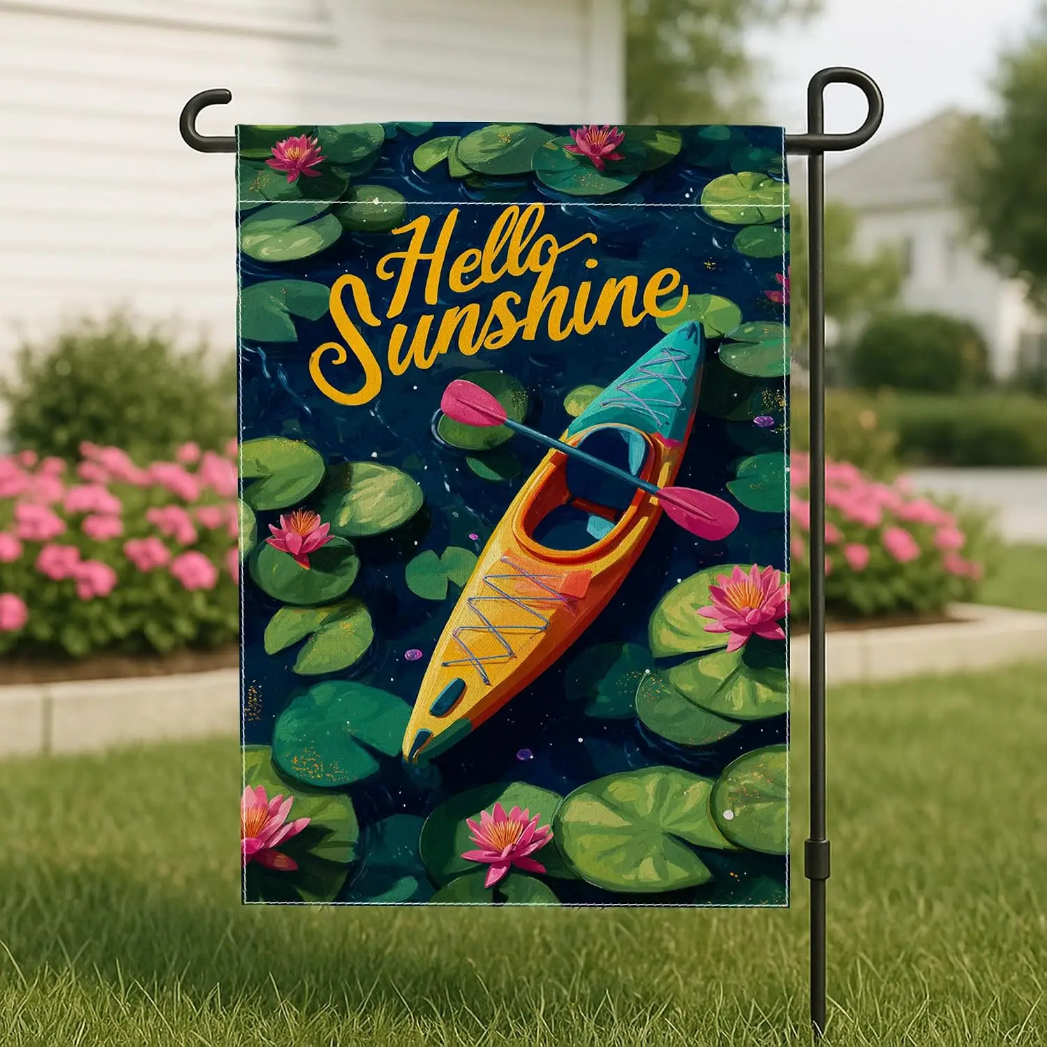 Summer Kayak Garden Flag, Vibrant Yellow Hello Sunshine Water Lily Outdoor Decor Banner, Double Sided Burlap Yard Flag for H PPZ