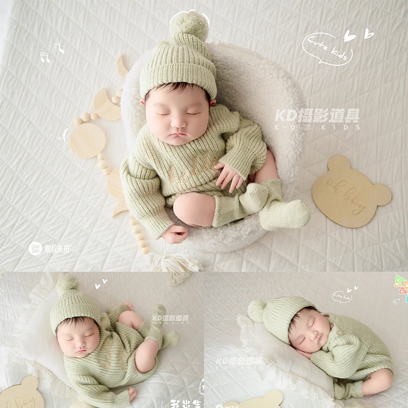 

0-1 Month Newborn Baby Knit Photography Outfit Light Green Romper with Pom-pom Hat Soft Cozy Photo Shoot Jumpsuit for Babies