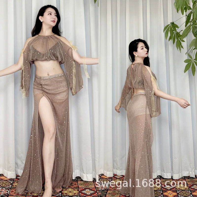 

Костюм для занятий танцами живота, костюм для восточных танцев, танцевальный костюм, сетка с звездами, большие размеры для прикрытия живота, элегантный костюм