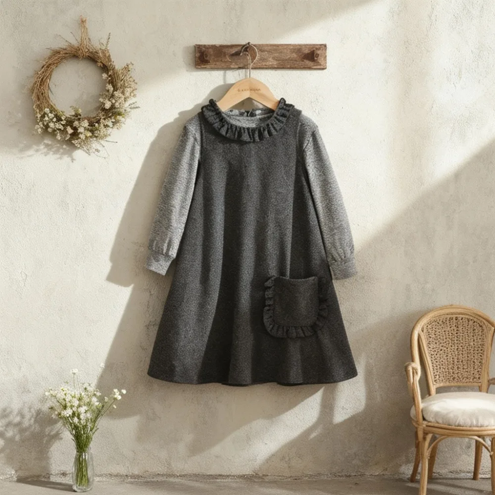 الربيع والخريف جديد طويل الأكمام تي شيرت أعلى + جيب سترة اللباس قطعتين مجموعة النسخة الكورية رمادي الرجعية الفتيات الملابس #2