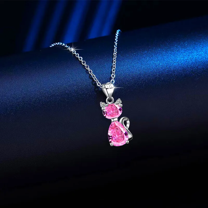 Cute Small Cat Pendant Necklace Aqua Blue Pink White Zircon Necklaces For Women Trendy Silver Color Chain Necklace Party Jewelry